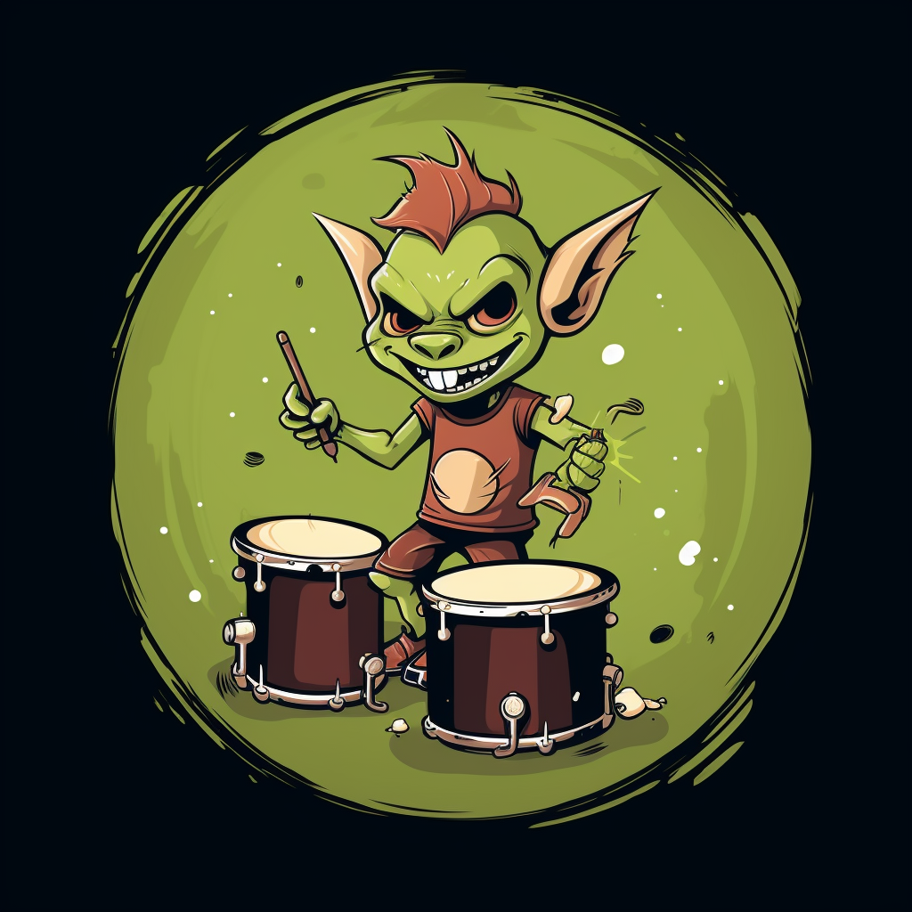 Playful goblin drummer with chibi D&D style