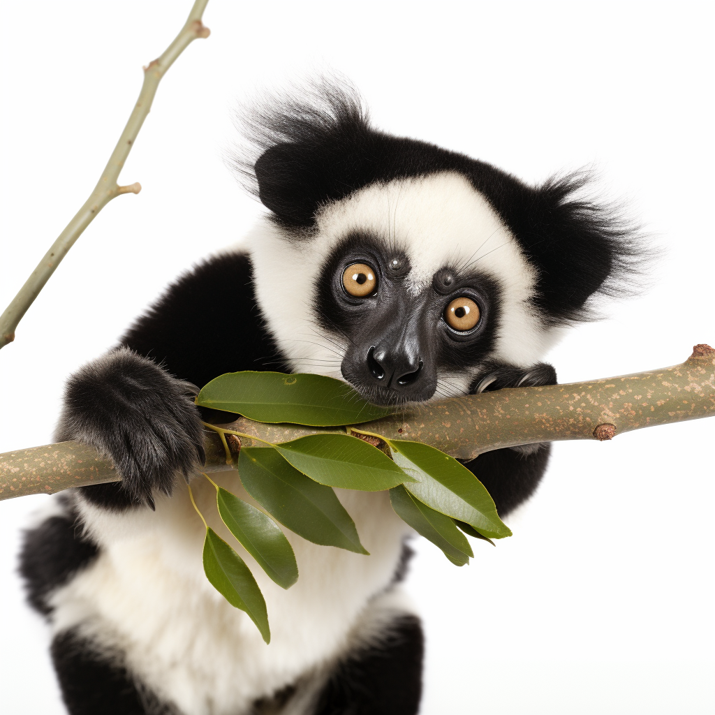 Funny Indri Lemur Eating Leaf on Branch