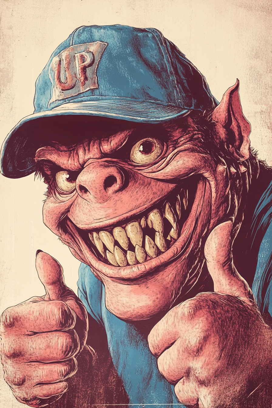 Funny monster in blue trucker hat