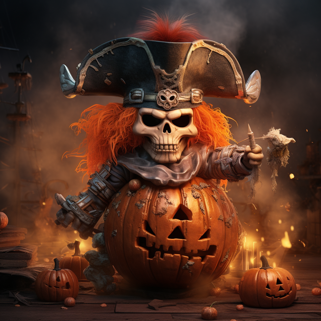 Funny pirate wearing pumpkin helmet and smoke