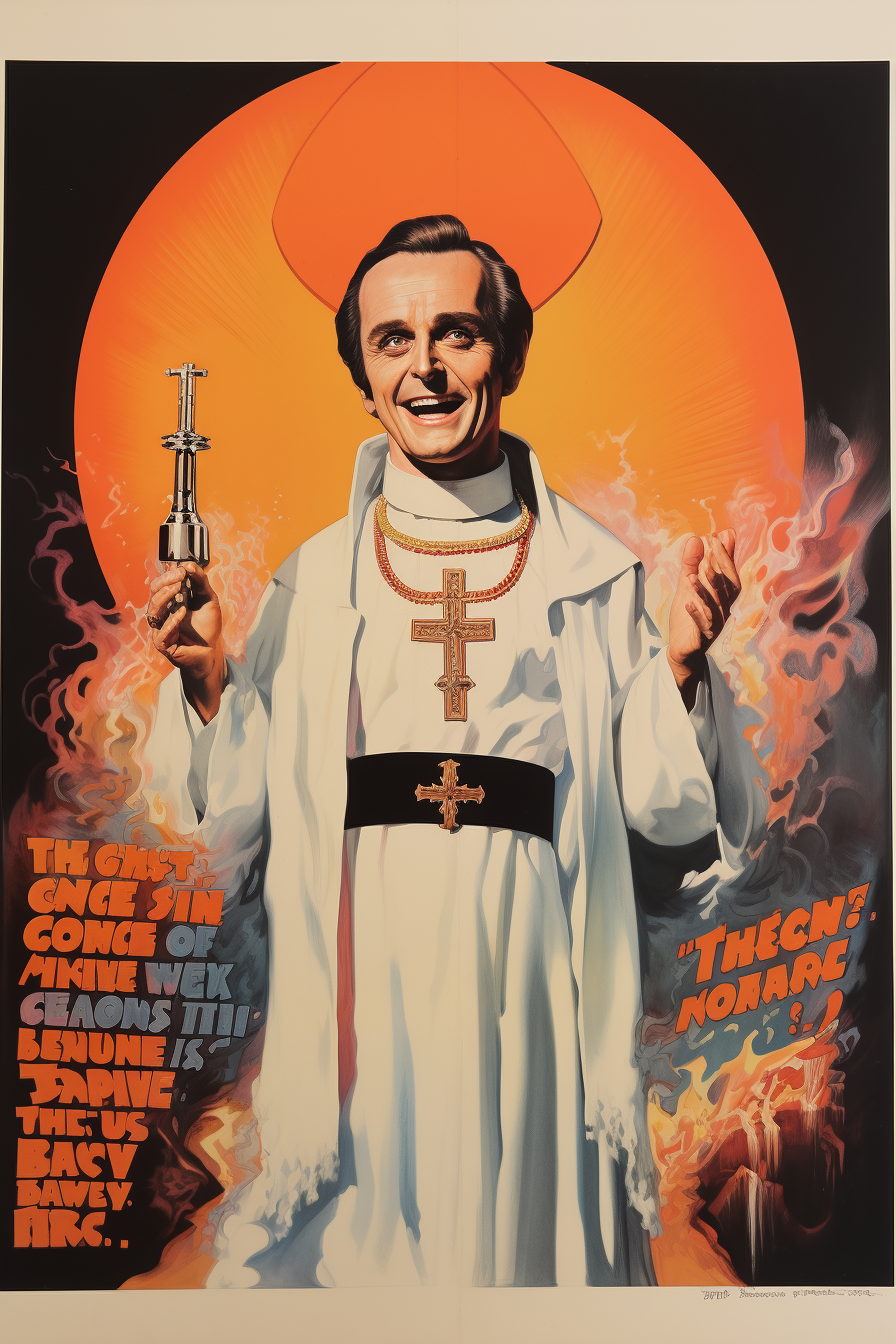 Funny priest in 1970s movie poster