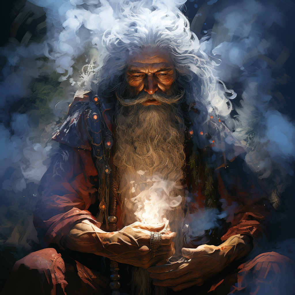 funny shaman surrounded by aromatic smoke