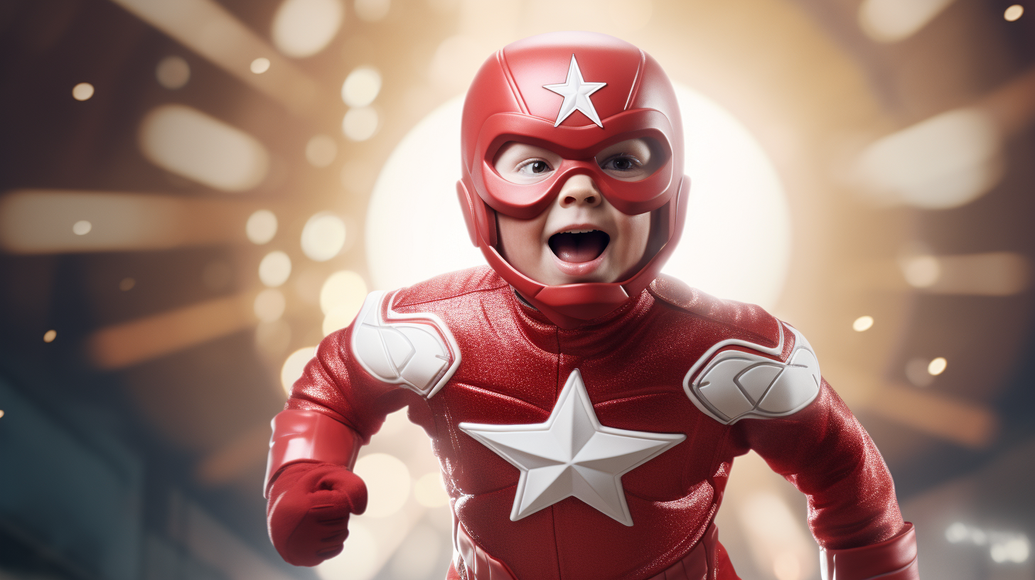 Funny super hero in red and white costume