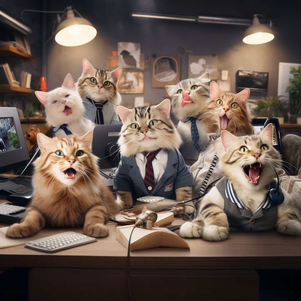 Happy cats in a funny virtual video conference