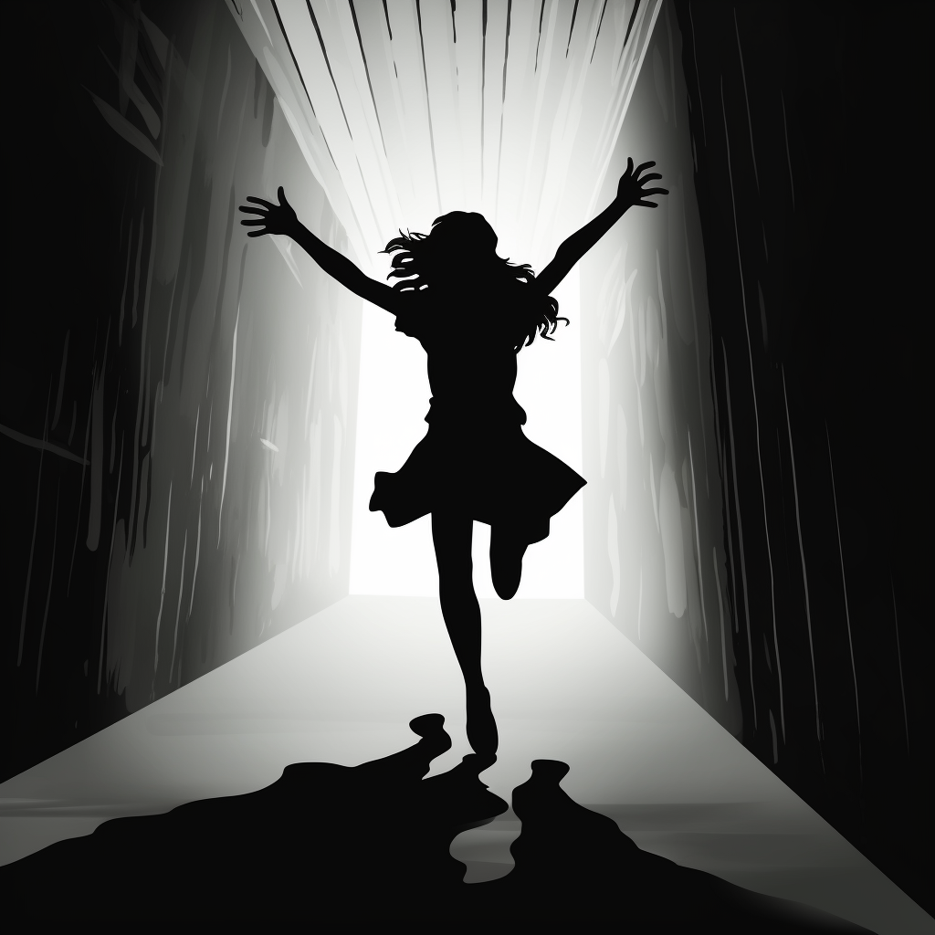 Humorous cartoon woman running through a dark wall