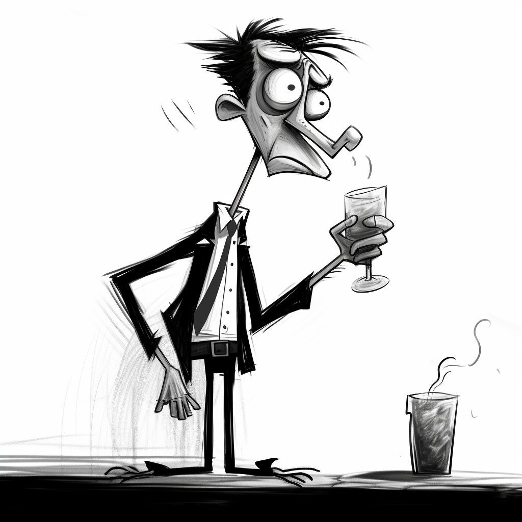 Humorous Cartoon of a Drunk Skinny Man