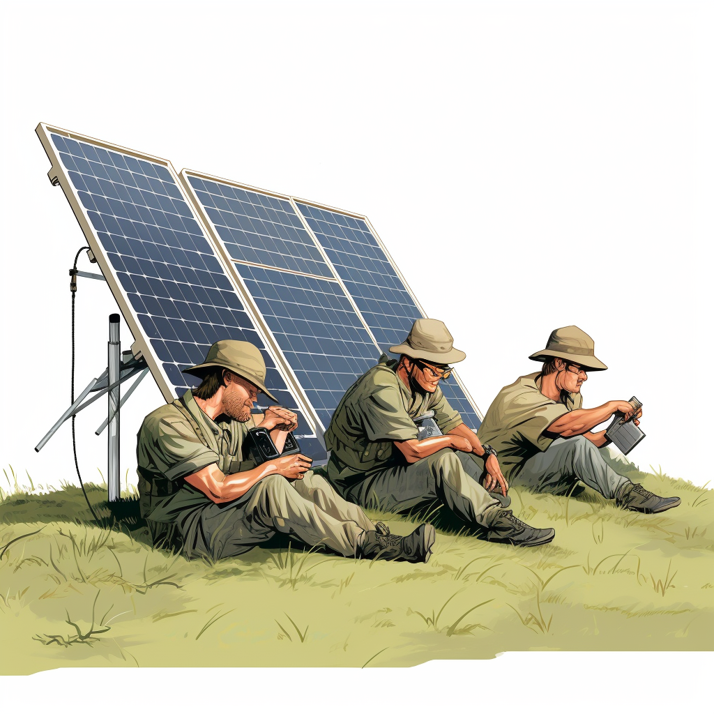 Funny photovoltaic technicians laying on grass