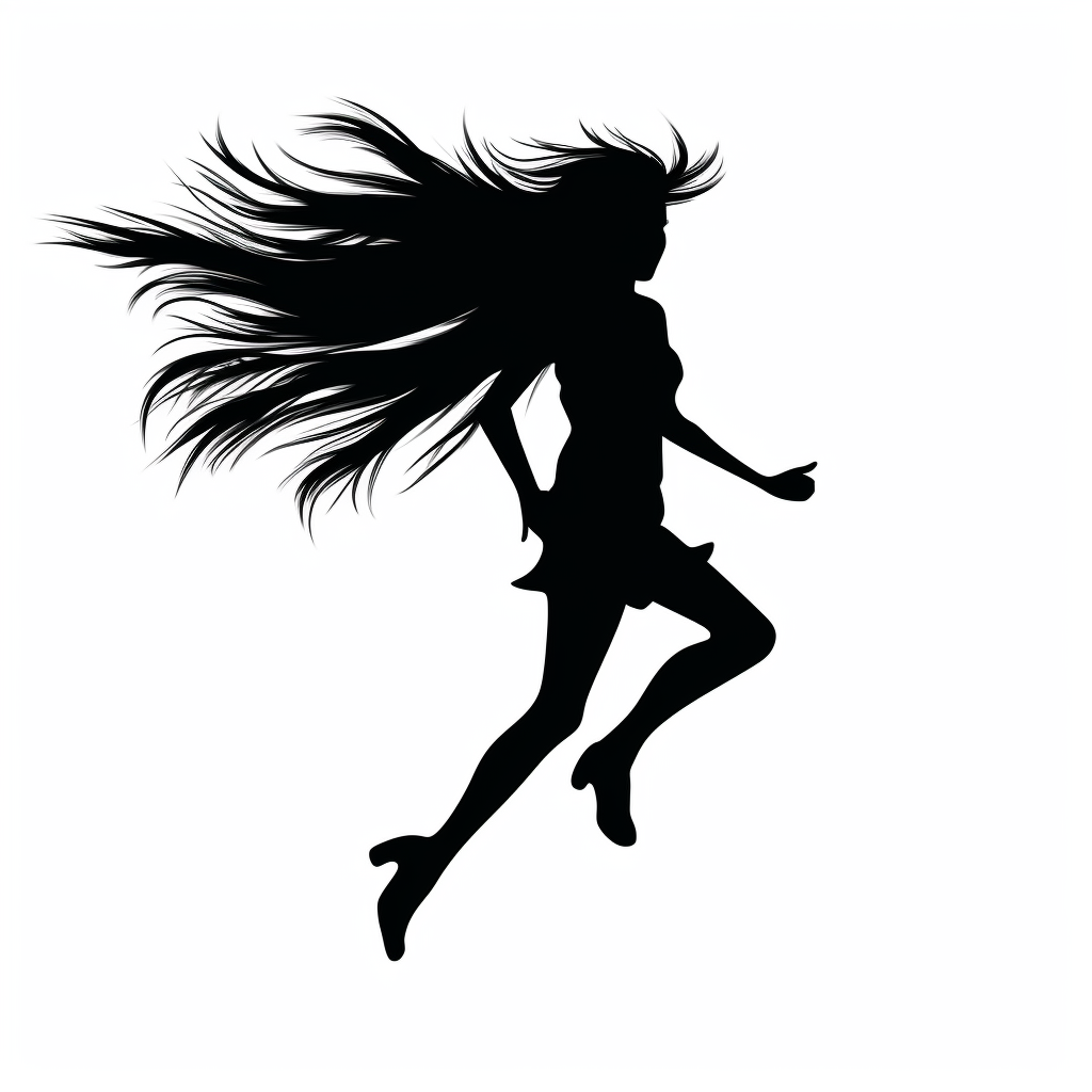 Humorous black and white silhouette of a running woman