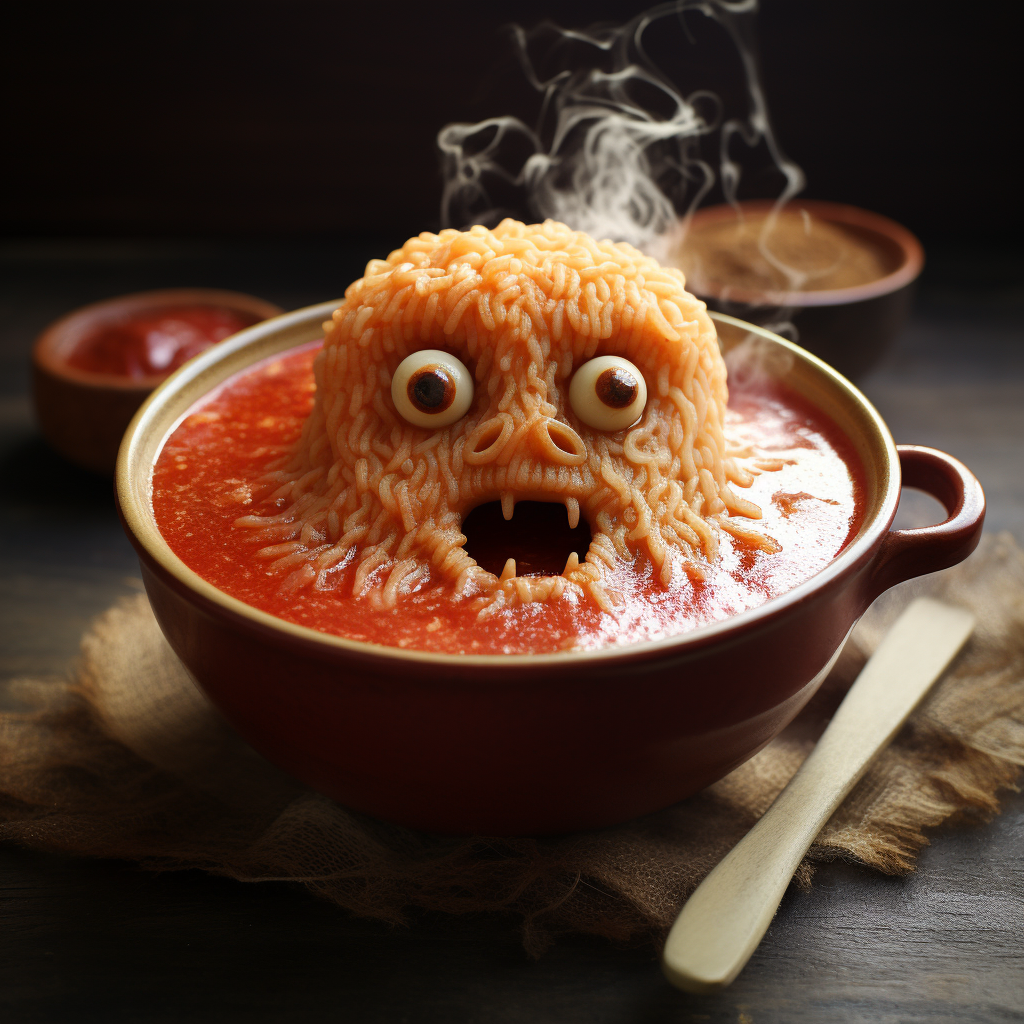 Soup Monster enjoying a bowl of soup