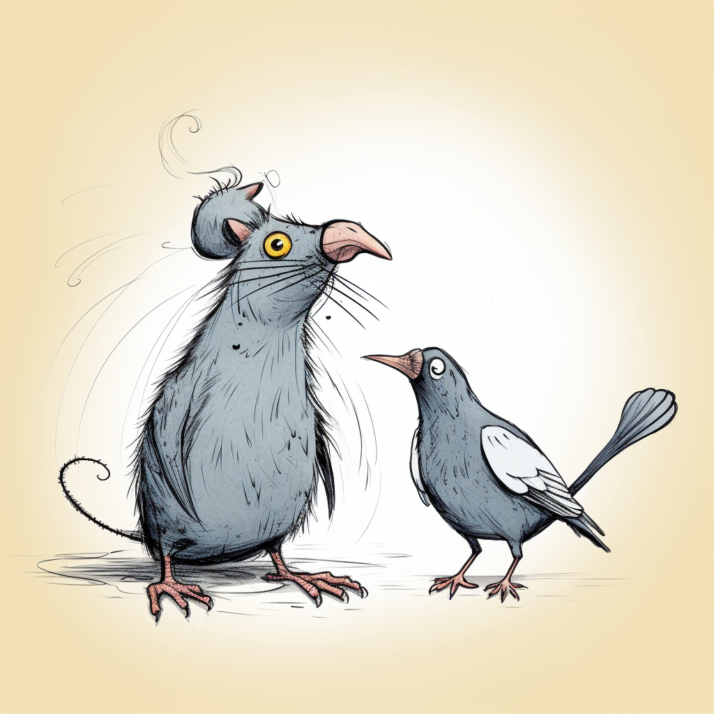 Funny surreal cartoon pigeon and rat