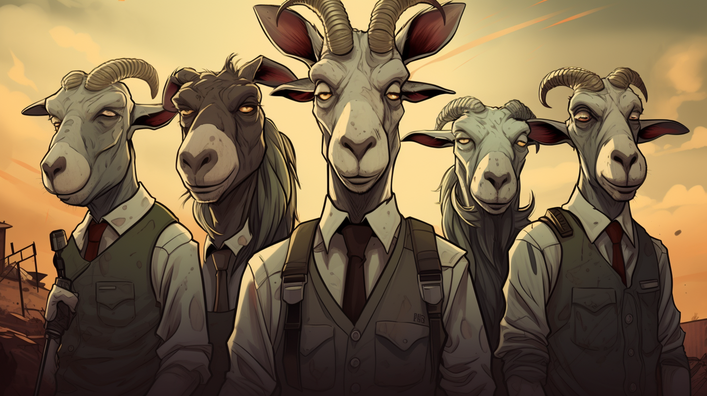 Funny cartoon of tough goat-like men in apocalyptic background