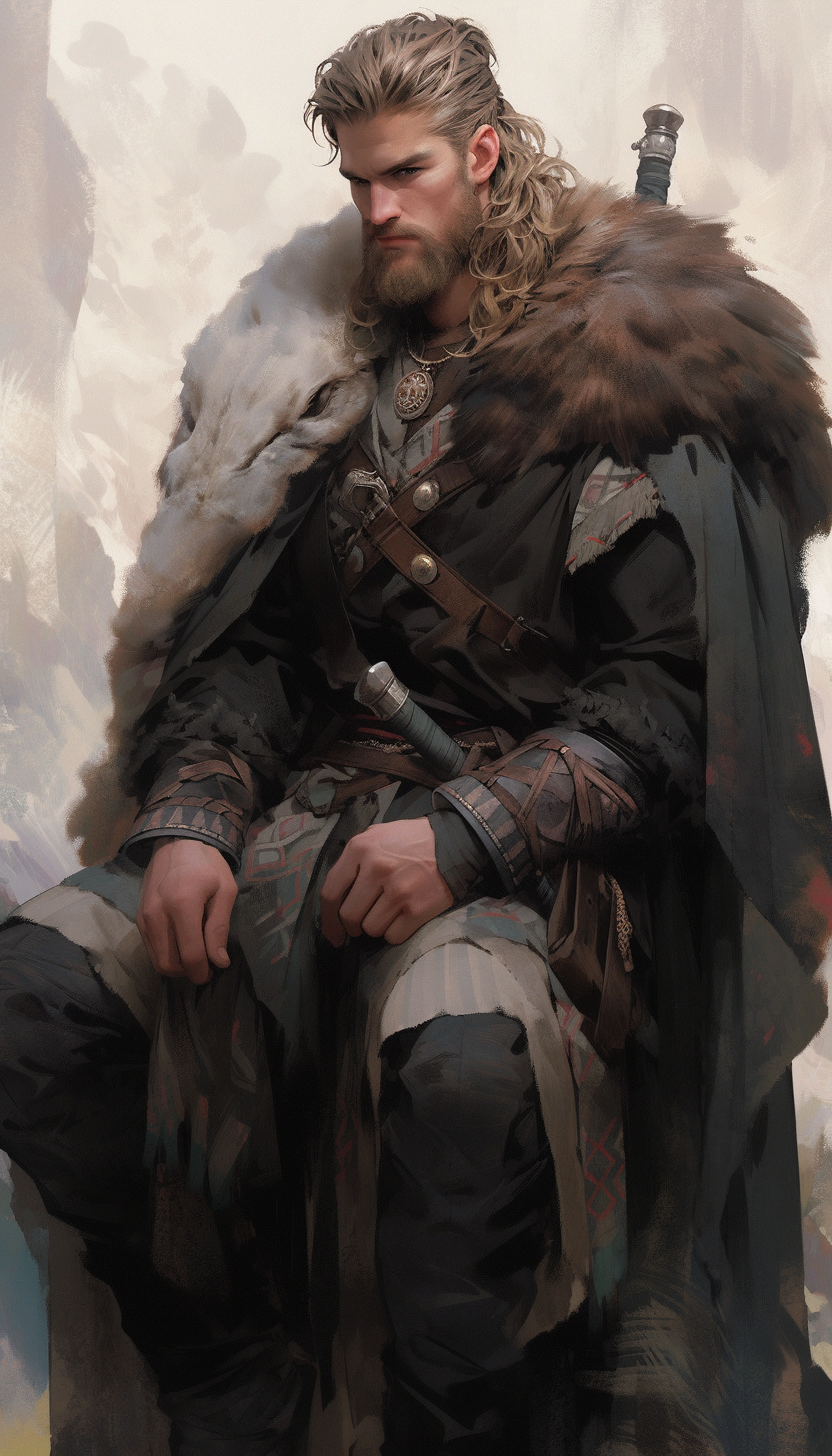 Full body image of a viking warrior wearing fur boots