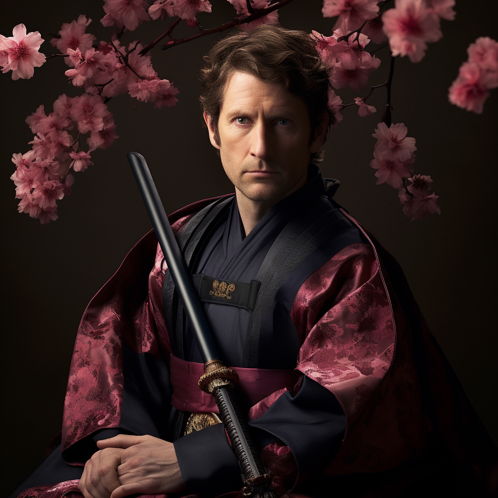 Todd Howard in samurai costume, looking furious