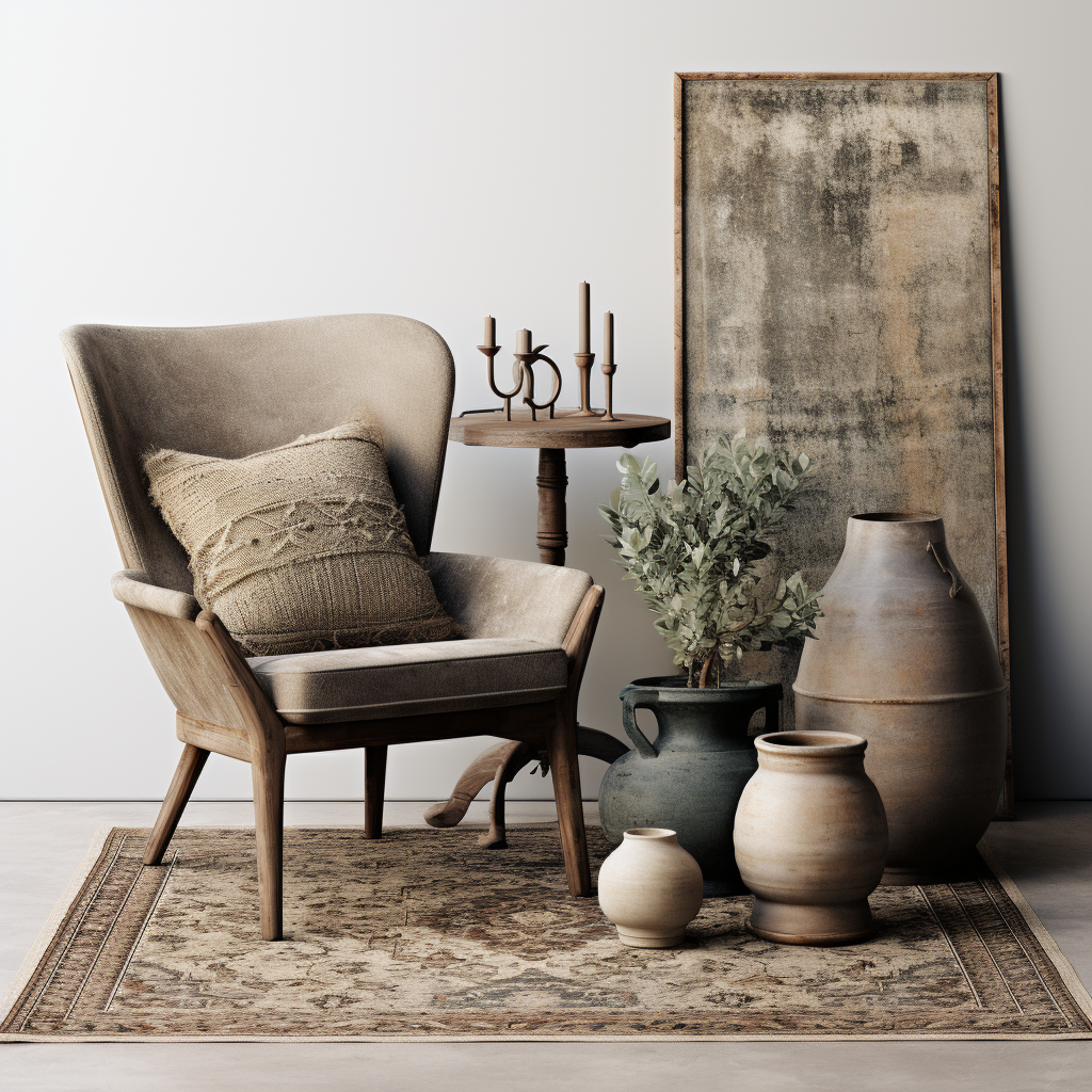 Farmhouse furniture with concrete, wood, and carpet