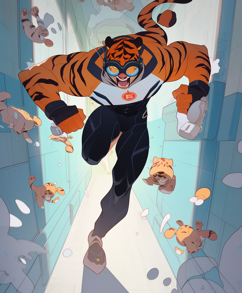 Running male furry tiger superhero with goggles