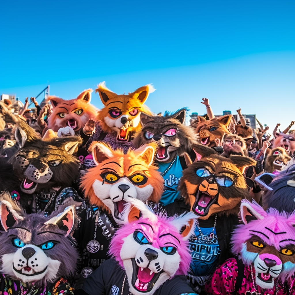 Colorful furry raver festival crowd