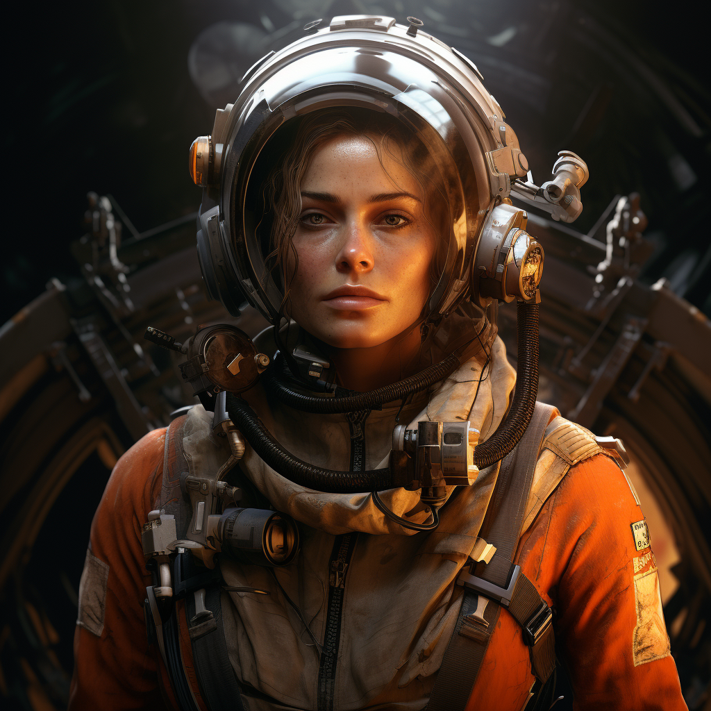 Futuristic female space miner covered in dirt