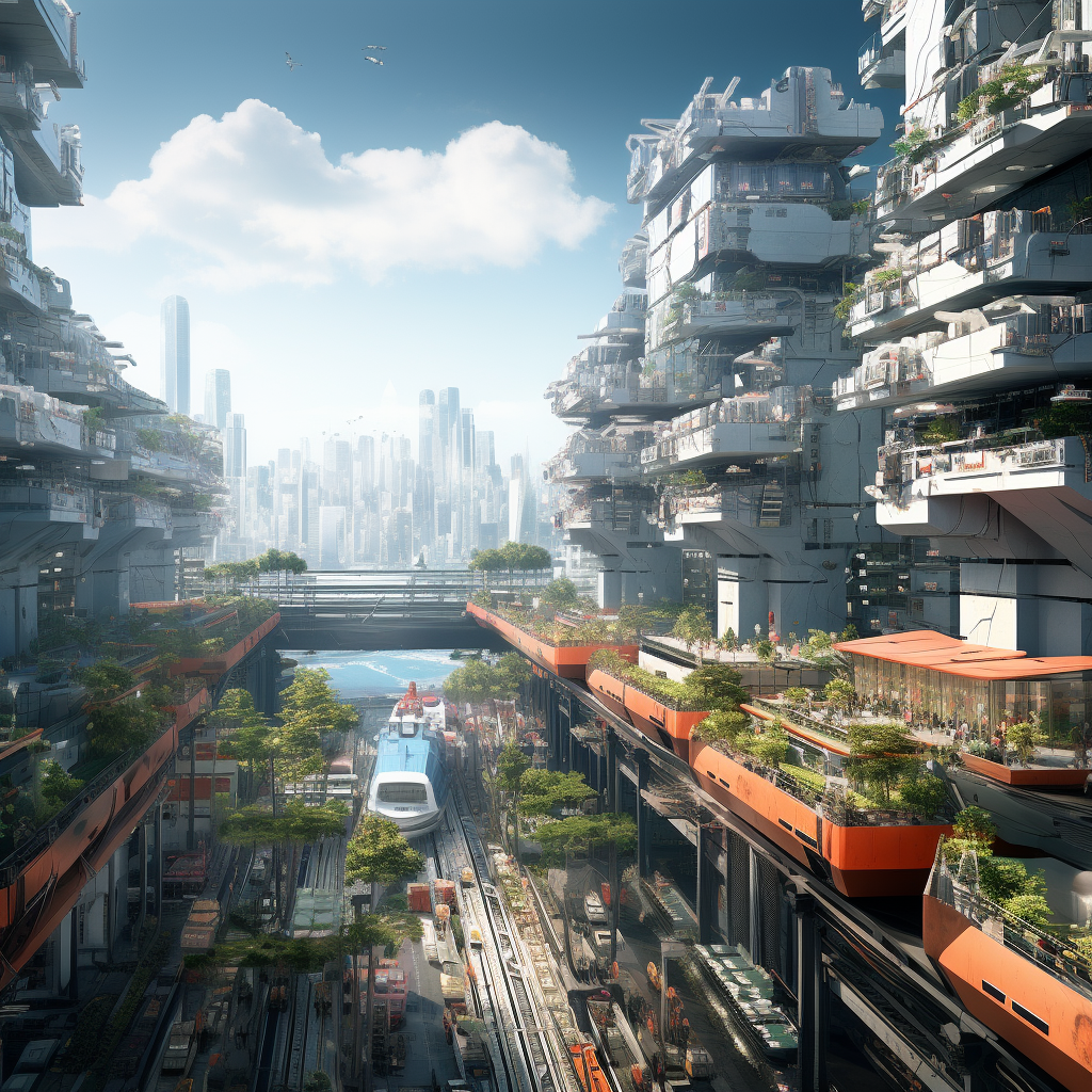 Futuristic city on container ship