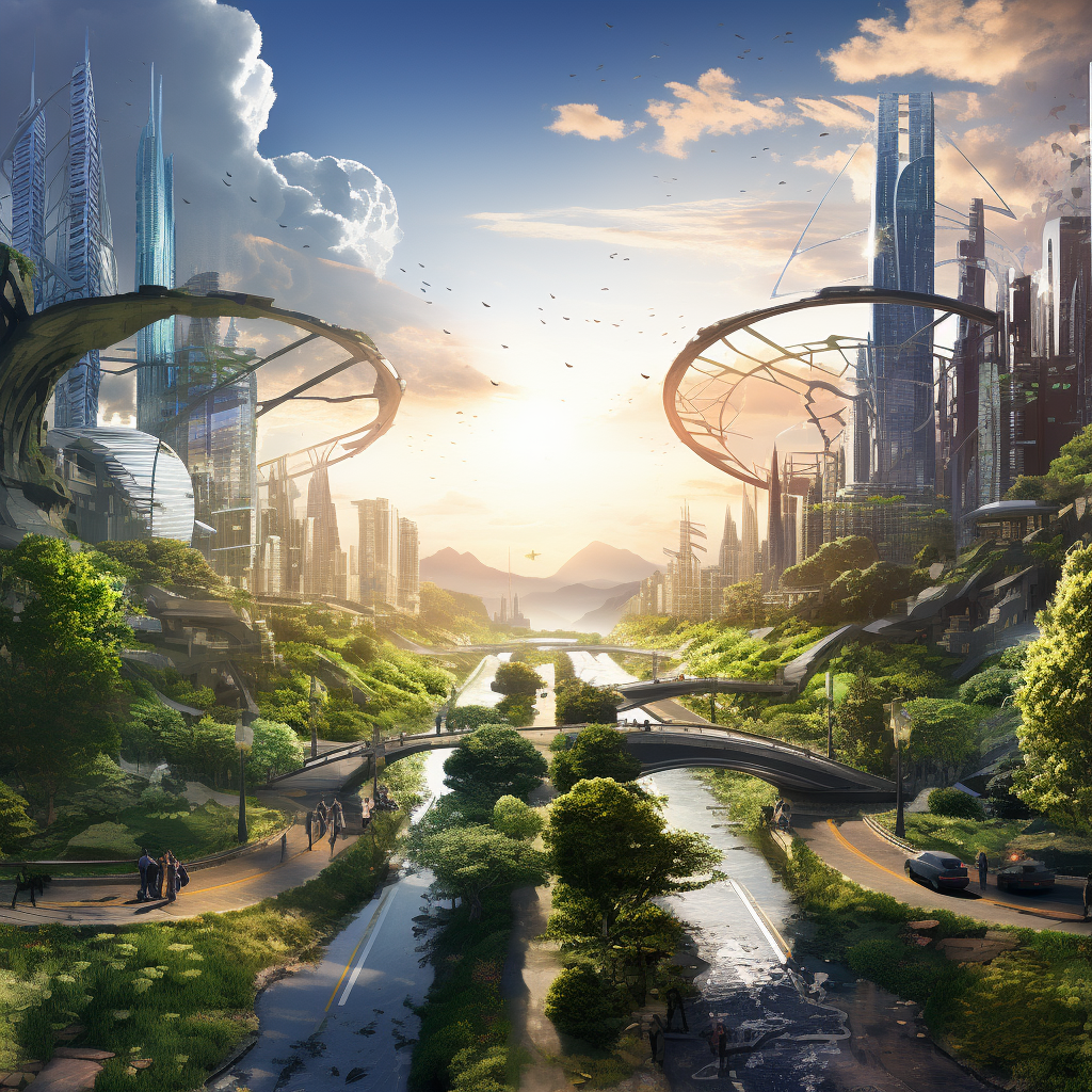 City living in harmony with nature and dystopia