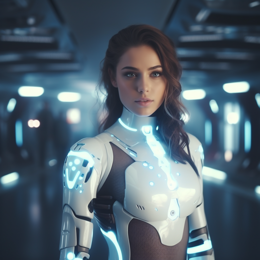 Attractive female cyborg on futuristic spaceship