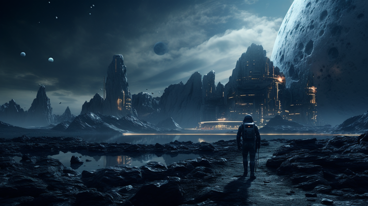 Soldier walking on moon base in futuristic sci-fi scene