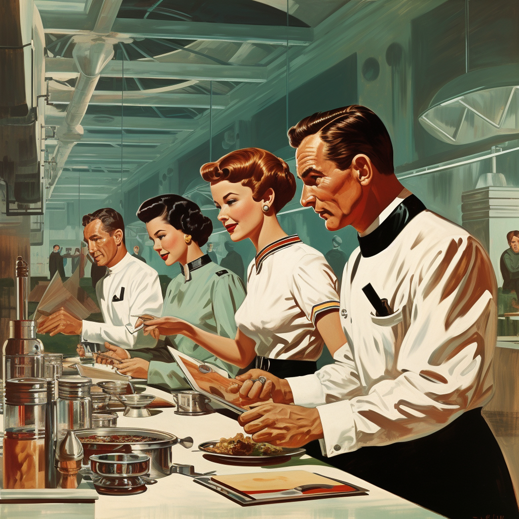 Illustration of future catering chefs in 1950's style