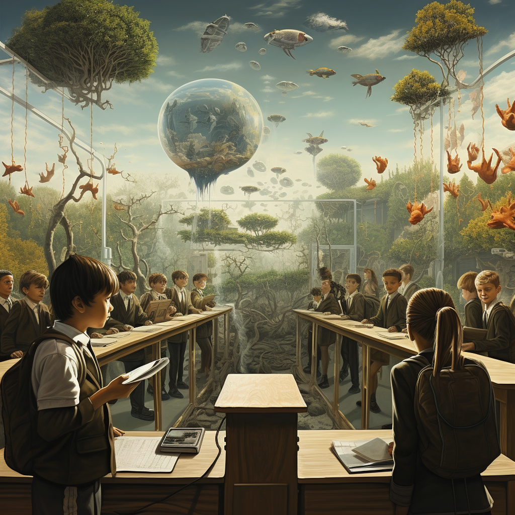 Surreal future classroom with sustainable ecological creatures