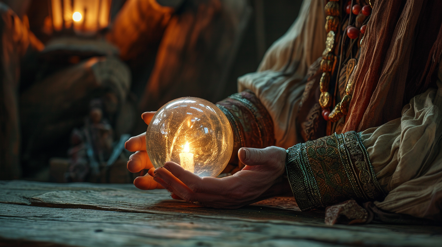 Fortune teller with crystal ball in epic medieval setting