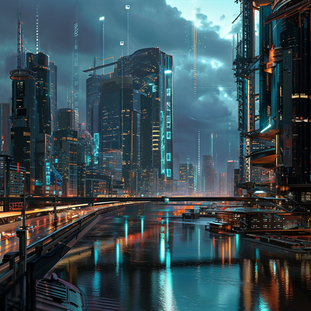 A futuristic cityscape with cyberpunk elements