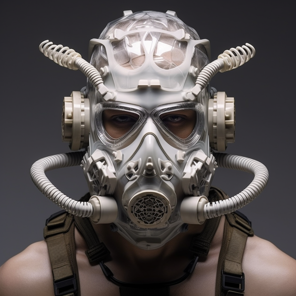 Soldier wearing advanced oxygen mask in polluted environment