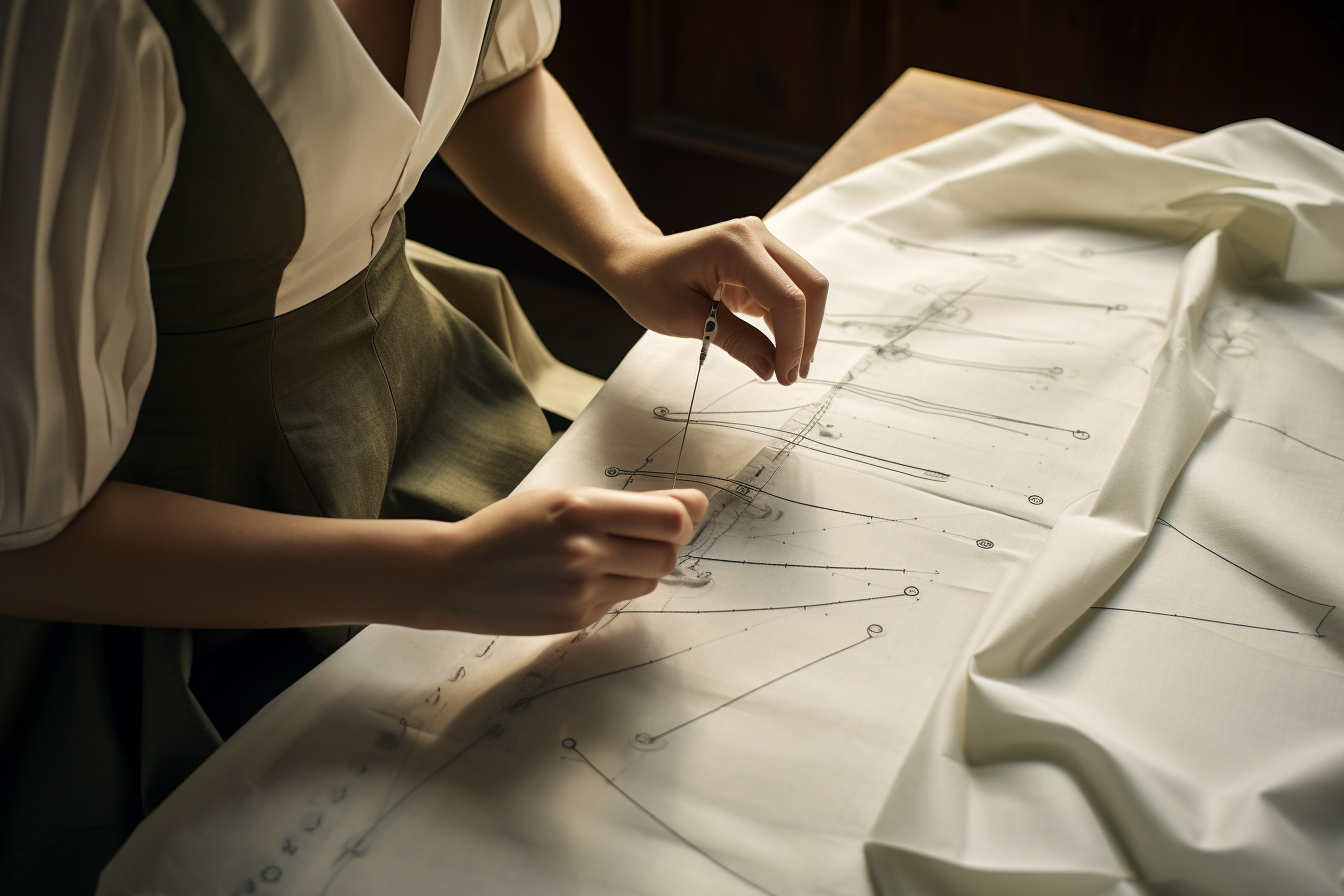 Tailor drawing chalk lines on dress with sustainability concept  ?