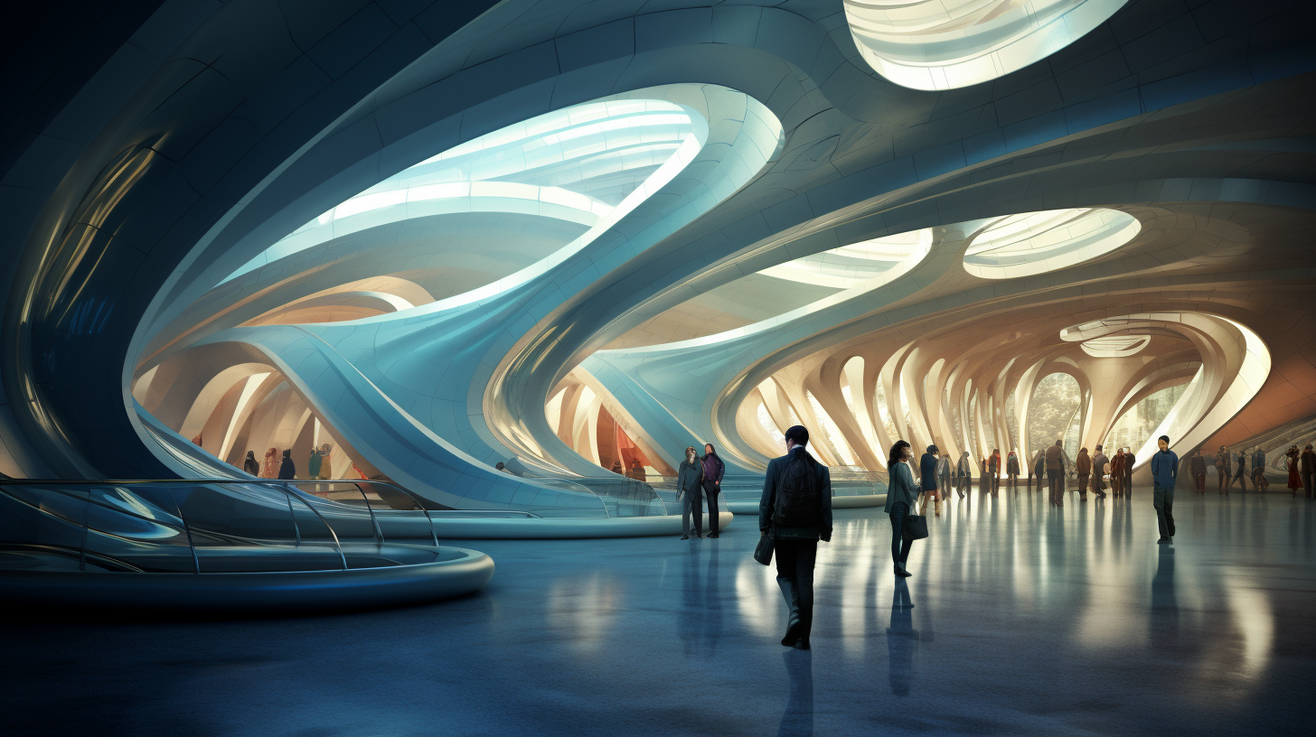 Futuristic transportation terminal with travelers boarding