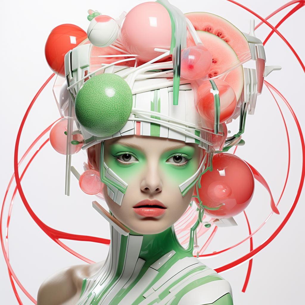 Abstract watermelon supermodel face with cucumber and green onion headpiece