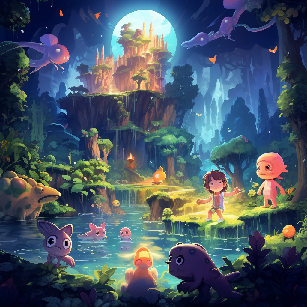 Cute creatures in futuristic forest