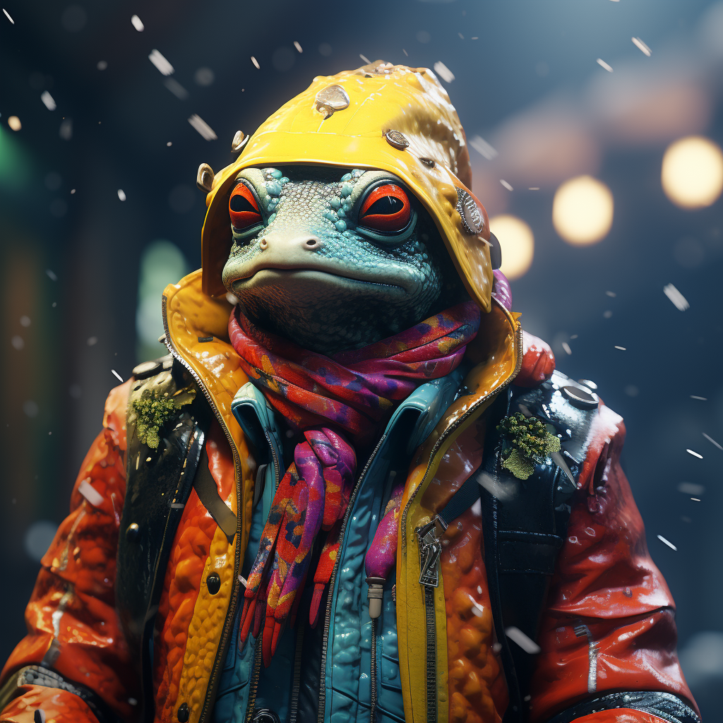 Futurist Frog in Rubber Suit Snow Storm