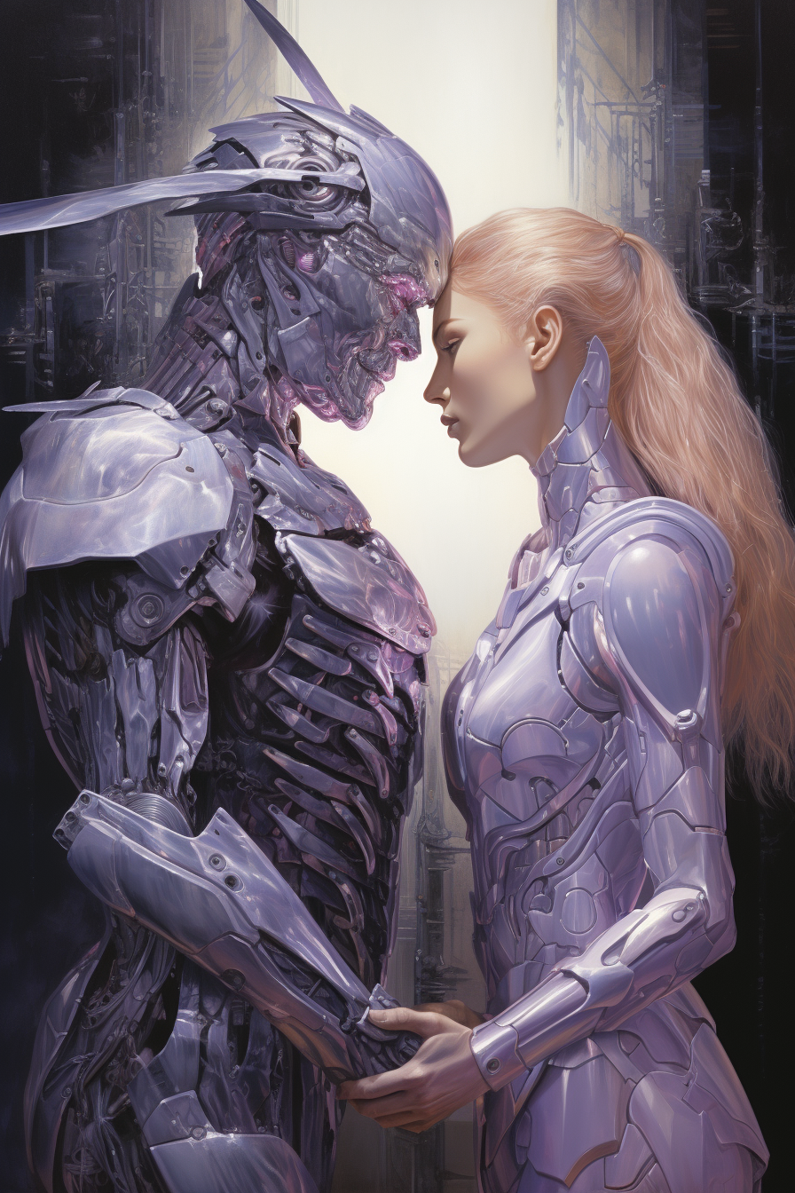 Futurist Poster with Grey Angel and Cyborg Kissing