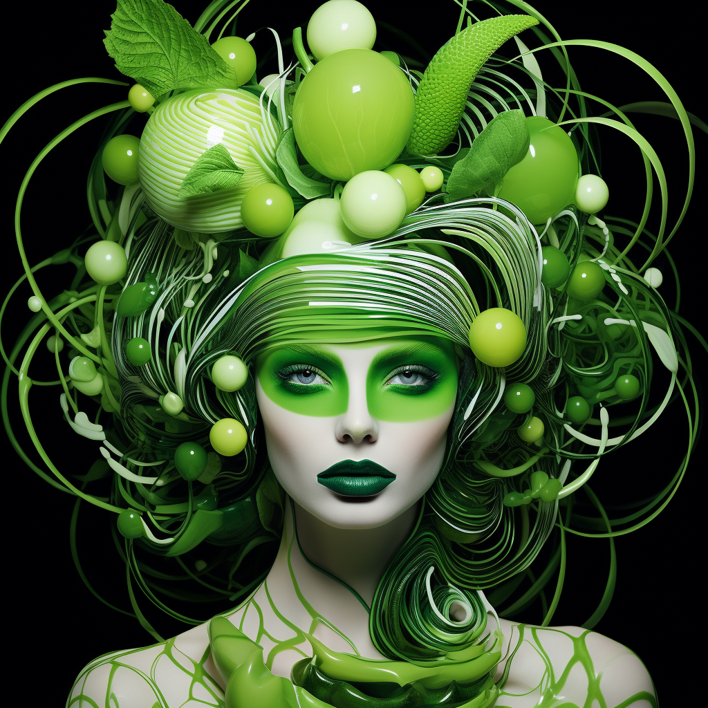 Futurist supermodel with green fruit headpiece