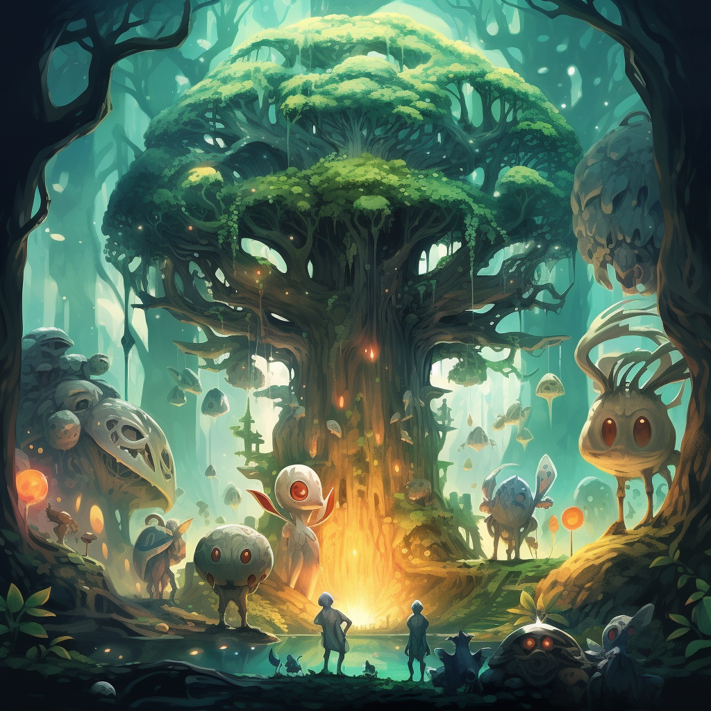 Illustration of cute creatures protecting a giant spirit tree