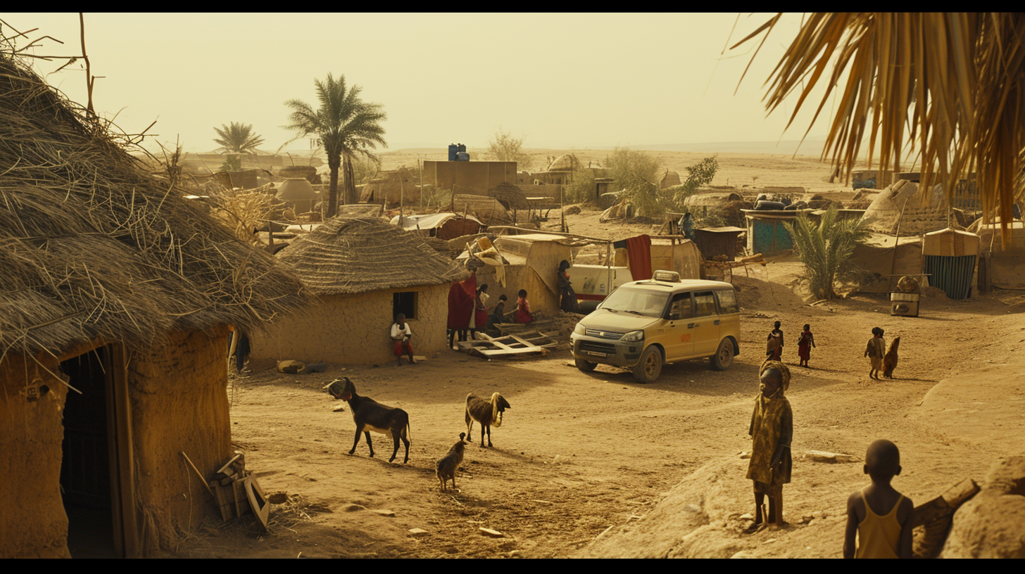 African futuristic village aerial shot