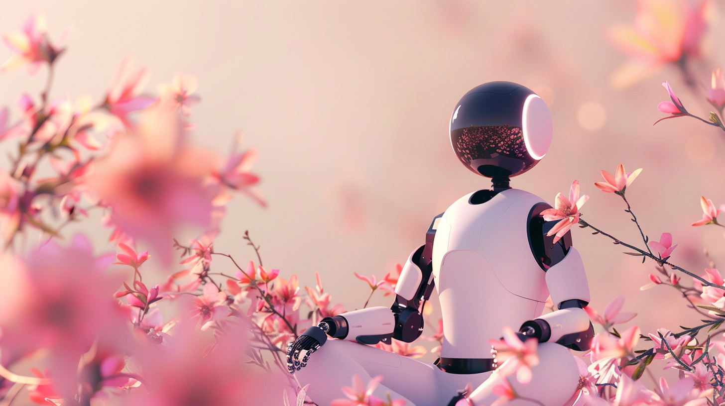 sleek futuristic chatbot surrounded by pink flowers