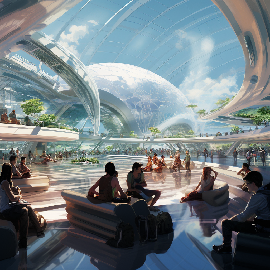 Futuristic airport lounge with people and airplanes