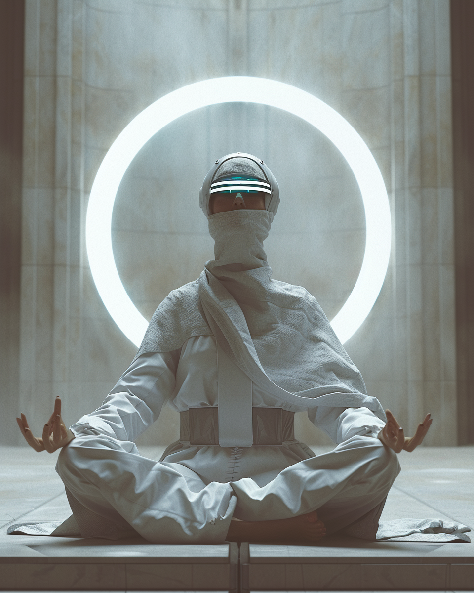 Android meditating in futuristic cathedral