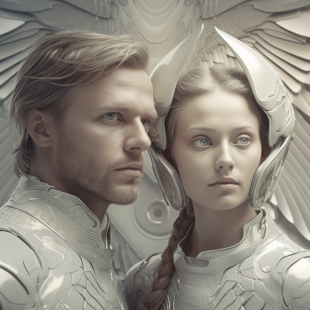 Photorealistic futuristic angel couple flight