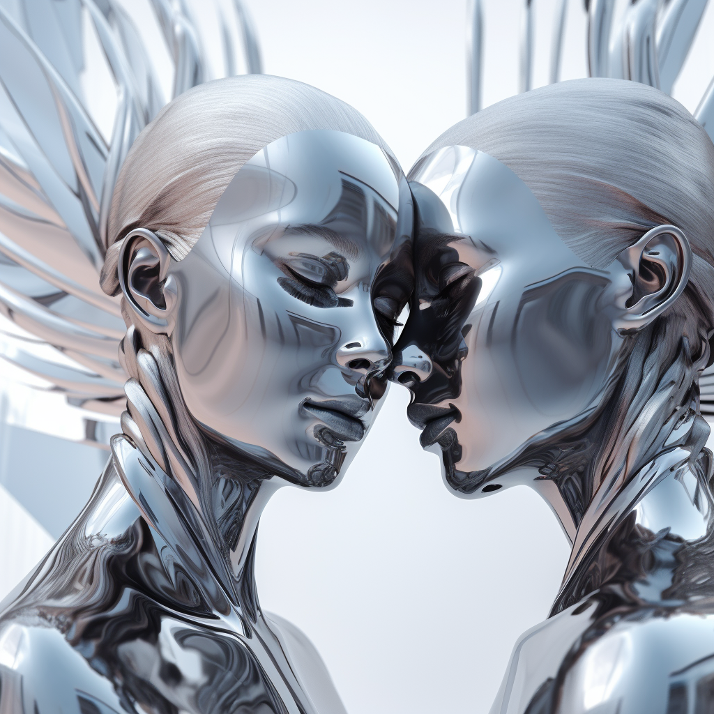 Photorealistic futuristic chrome angels flying