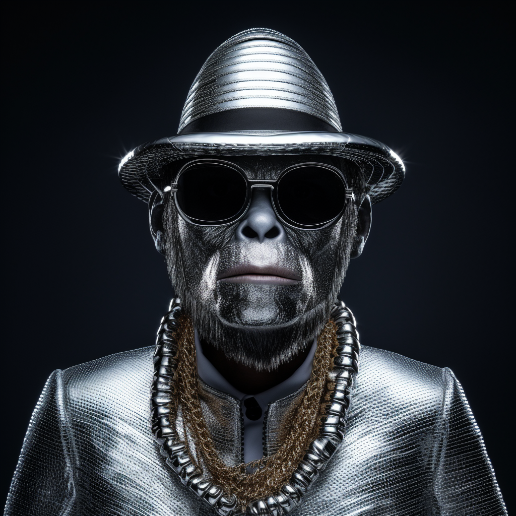 Futuristic ape wearing silver baker boy hat