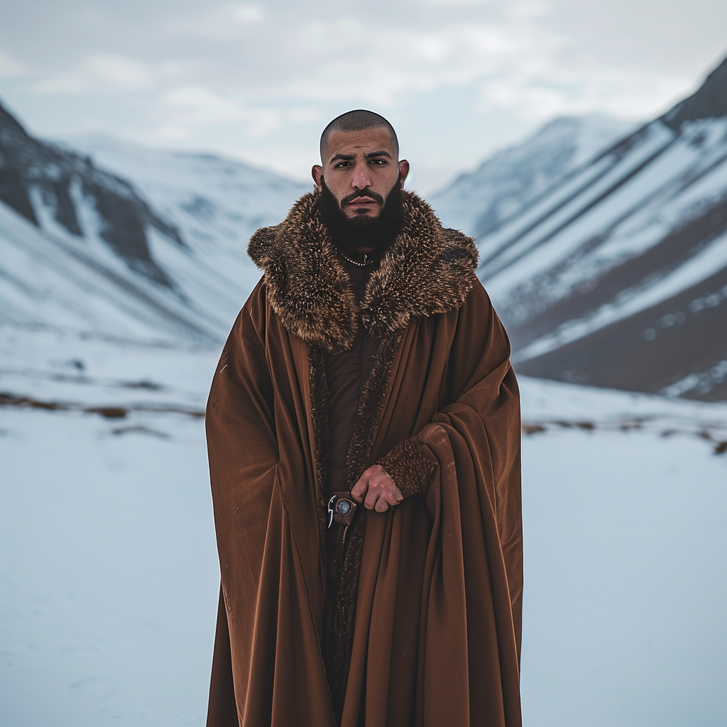 Futuristic Arabic Man in Brown Robes with Fur Trim