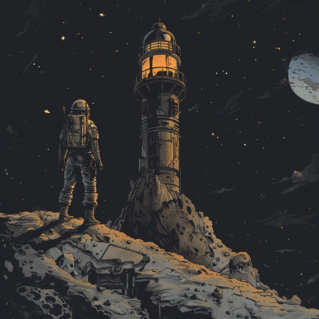 Astronaut overlooking asteroid lighthouse