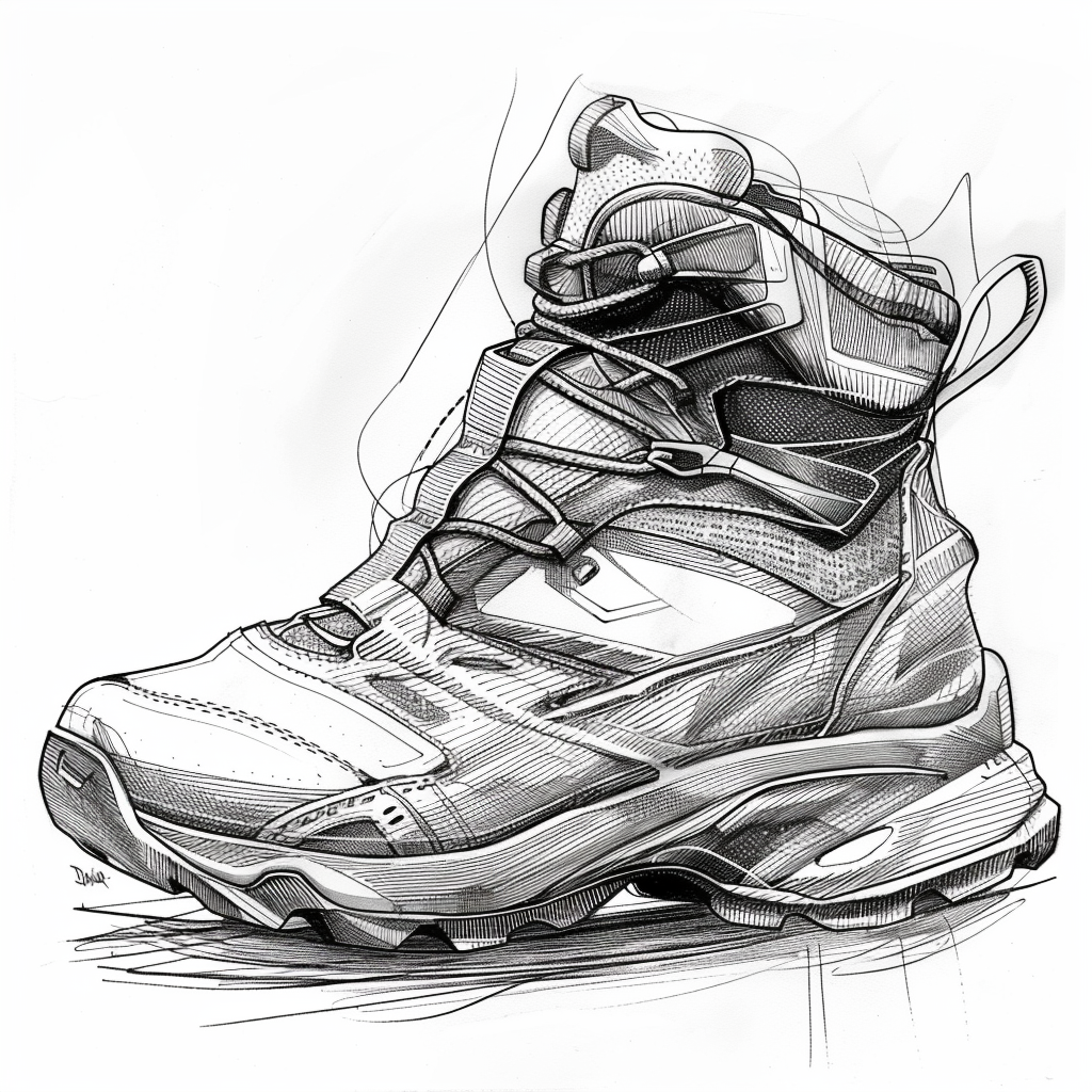 Tight hand-drawn futuristic shoe illustration