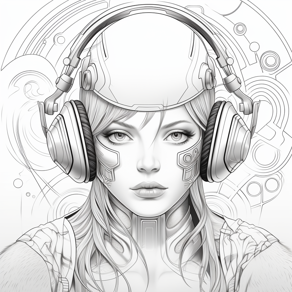 Coloring page of futuristic woman with headphones