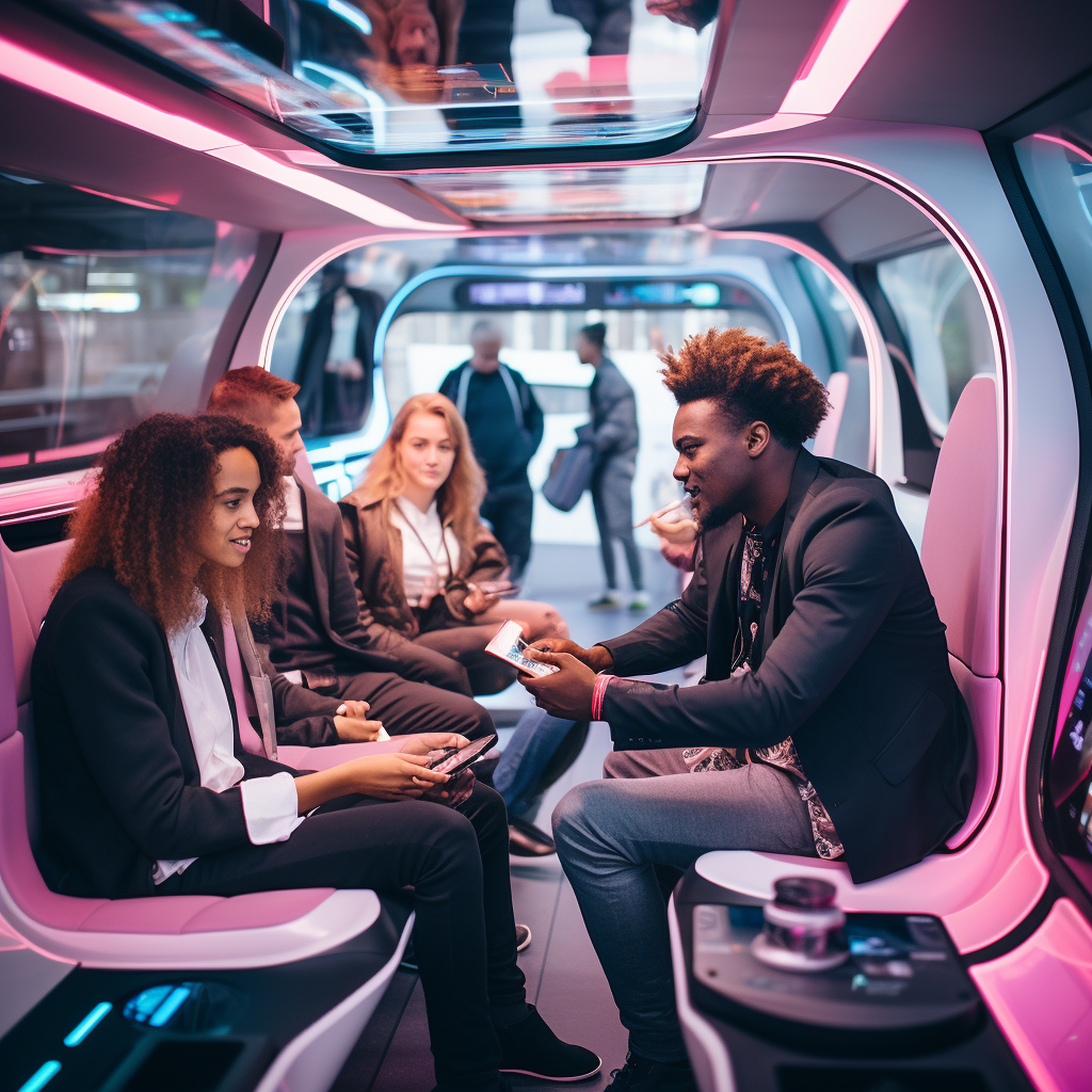 Commuters playing games inside futuristic autonomous bus in London.